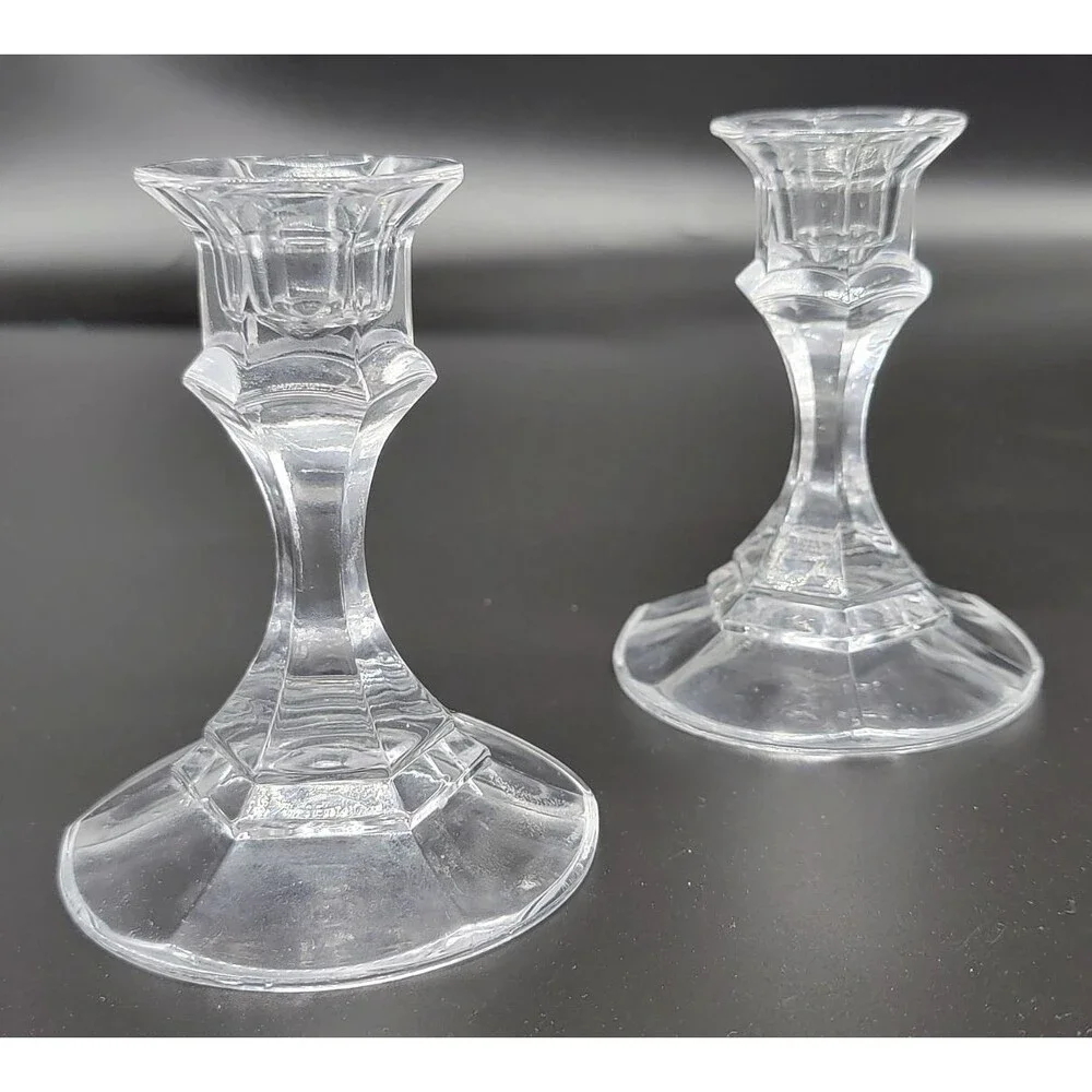 Clear Glass Candle Holders Pair Geometric Faceted Candlesticks Pedestal 4